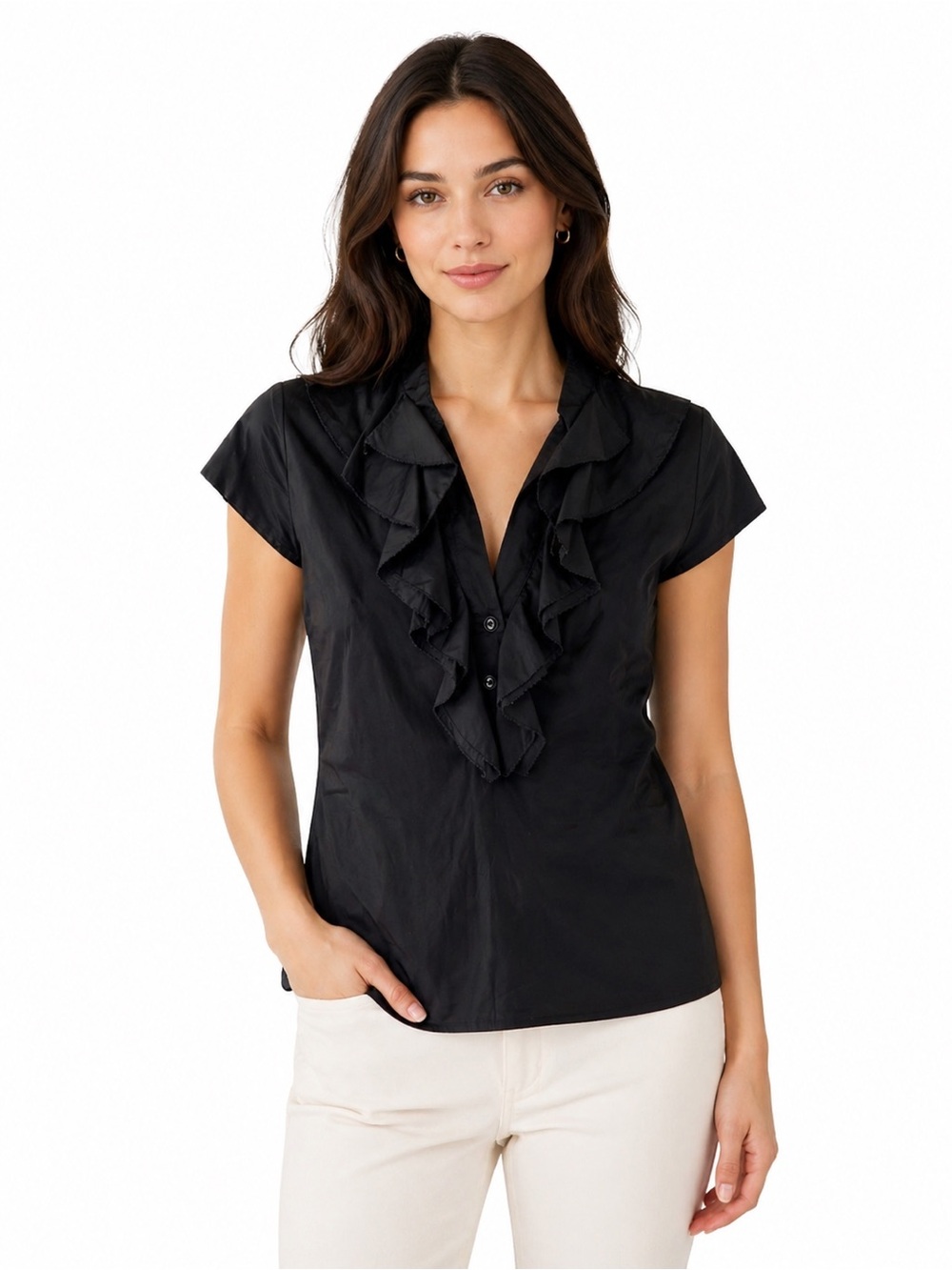 Merona Black Ruffled Cap Sleeve Cotton Poplin Blouse